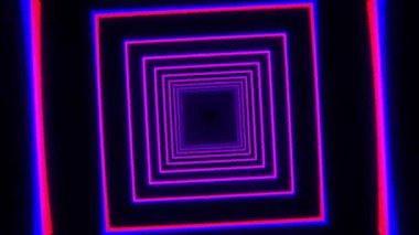 4K 3D animasyon. Hareket grafiği, kamera sanat alanında veya neon ışıklı tünelde uçar. Modern hareket tasarımı vj döngüsü, parlayan dikdörtgenler, küreler, çizgiler ve kablolar arasında uçuyor.