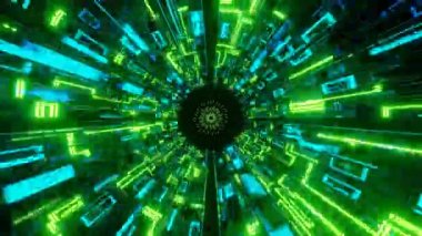 4K 3D animasyon. Çizgileri ve parıltısı olan soyut fütüristik geometrik arkaplan. Parlak çizgiler uzun bir tünel, ultraviyole neon ışığı. Soyut iç bilim kurgu uzay gemisi koridorları, sanal gerçeklik uzayı