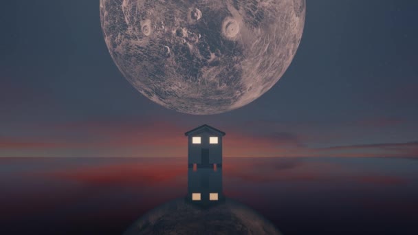 Animation Pleine Lune Derrière Maison Sommet Colline Debout Dans Lac — Video