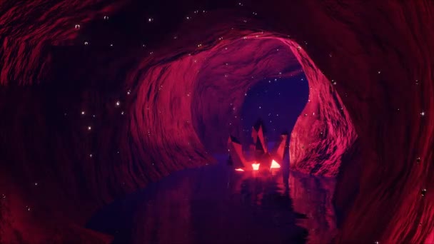 Animazione 3D 4K. Grotta mistica blu con la magia dei cristalli scintillanti, stimolante concetto di avventura — Video Stock