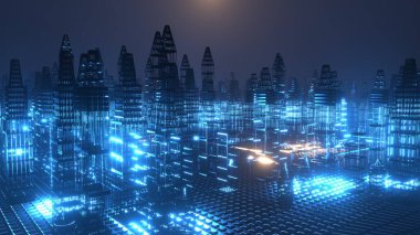 Üç boyutlu görüntüleme. Modern Hologram şehrinin hareketli grafikleri, Fütürist Teknoloji Dijital Şehir Tasarımı. Al ve akıllı şehir konsepti. Siber uzay. Siber Punk