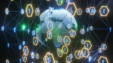 Üç boyutlu görüntüleme. Sanatsal bilgi grafikleri ikili sayı tüneli ve Dünya küre dönüşü. Teknoloji Ağı Veri Bağlantısı, Dijital Veri Ağı, Siber Güvenlik Konsepti