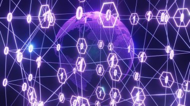 Üç boyutlu görüntüleme. Sanatsal bilgi grafikleri ikili sayı tüneli ve Dünya küre dönüşü. Teknoloji Ağı Veri Bağlantısı, Dijital Veri Ağı, Siber Güvenlik Konsepti