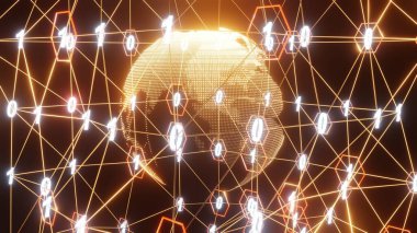 Üç boyutlu görüntüleme. Sanatsal bilgi grafikleri ikili sayı tüneli ve Dünya küre dönüşü. Teknoloji Ağı Veri Bağlantısı, Dijital Veri Ağı, Siber Güvenlik Konsepti