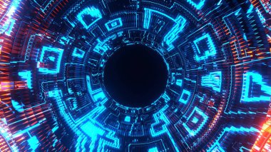 Üç boyutlu görüntüleme. Soyut bilim kurgu tünelinde uçuş. Geleceksel hareket grafikleri, yüksek teknoloji geçmişi. Zaman geçidi, ışık hızı hiperuzay kavramı. Parlayan teknoloji dokusu. Siber Punk