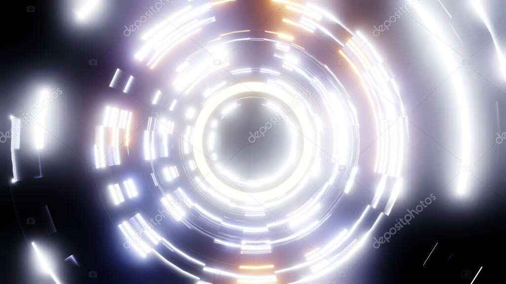 3d Rendering. Flight in abstract sci-fi tunnel. Futuristic motion graphics, high tech background. Time warp portal, lightspeed hyperspace concept. Glowing hi tech texture. Cyberpunk