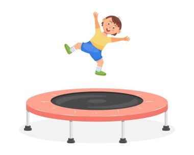 Trambolinde zıplayan bir çocuk. Çocuklar için eğlence, çocuk bölgesi, küçük kız ve oğlan için aktif dinlenme. Oyun odası vektör illüstrasyon seti, çocuklar için zıplama evi.