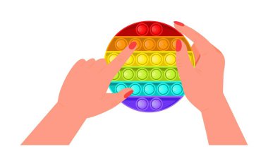 Kıpır kıpır, anti-stresör oyuncak vektörü düz stil. Moda duyusal oyuncaklar. Çocuklar için renkli oyuncaklar, eğlenmek için baloncukları itin. Stres karşıtı çocuk oyunu. Çocuk elleri silikon baloncuklar tutuyor