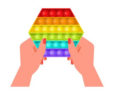 Kıpır kıpır, anti-stresör oyuncak vektörü düz stil. Moda duyusal oyuncaklar. Çocuklar için renkli oyuncaklar, eğlenmek için baloncukları itin. Stres karşıtı çocuk oyunu. Çocuk elleri silikon baloncuklar tutuyor