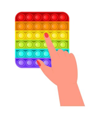 Kıpır kıpır, anti-stresör oyuncak vektörü düz stil. Moda duyusal oyuncaklar. Çocuklar için renkli oyuncaklar, eğlenmek için baloncukları itin. Stres karşıtı çocuk oyunu. Çocuk elleri silikon baloncuklar tutuyor