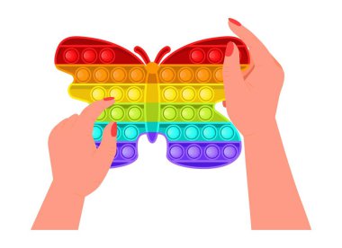 Kıpır kıpır, anti-stresör oyuncak vektörü düz stil. Moda duyusal oyuncaklar. Çocuklar için renkli oyuncaklar, eğlenmek için baloncukları itin. Stres karşıtı çocuk oyunu. Çocuk elleri silikon baloncuklar tutuyor