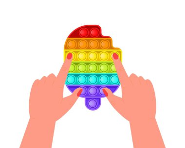 Kıpır kıpır, anti-stresör oyuncak vektörü düz stil. Moda duyusal oyuncaklar. Çocuklar için renkli oyuncaklar, eğlenmek için baloncukları itin. Stres karşıtı çocuk oyunu. Çocuk elleri silikon baloncuklar tutuyor
