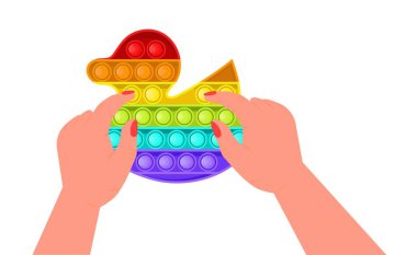 Kıpır kıpır, anti-stresör oyuncak vektörü düz stil. Moda duyusal oyuncaklar. Çocuklar için renkli oyuncaklar, eğlenmek için baloncukları itin. Stres karşıtı çocuk oyunu. Çocuk elleri silikon baloncuklar tutuyor