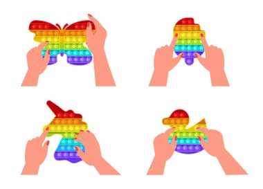 Kıpır kıpır, anti-stresör oyuncak vektörü düz bir şekilde ayarlandı. Moda duyusal oyuncaklar. Çocuklar için renkli oyuncaklar, eğlenmek için baloncukları itin. Stres karşıtı çocuk oyunu. Çocuk elleri silikon baloncuklar tutuyor