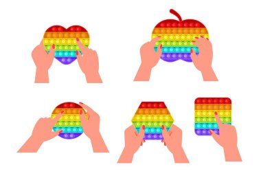 Kıpır kıpır, anti-stresör oyuncak vektörü düz bir şekilde ayarlandı. Moda duyusal oyuncaklar. Çocuklar için renkli oyuncaklar, eğlenmek için baloncukları itin. Stres karşıtı çocuk oyunu. Çocuk elleri silikon baloncuklar tutuyor