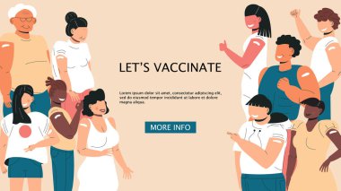 Aşı konsepti vektöründen sonra. Coronavirus aşı şirketi. Omuzdan iğne başarılı bir şekilde yapıldı. Aşı olduktan sonra birçok kadın ve erkek ırkı. Çeşitli insan grupları klinikte mutlular..