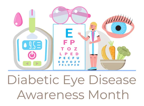 糖尿病眼疾意识月概念向量为医疗博客 庆祝活动在11月举行 医生和血糖表显示 — 图库矢量图片