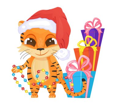 Tatlı kaplan vektörü. Mutlu Çin Yeni Yıl 2022 sembolü. Kocaman gözleri ve Noel Baba şapkası olan komik kaplan çocuk. Hediyeler, çelenkler gösterilir. Noel davetiyesi.