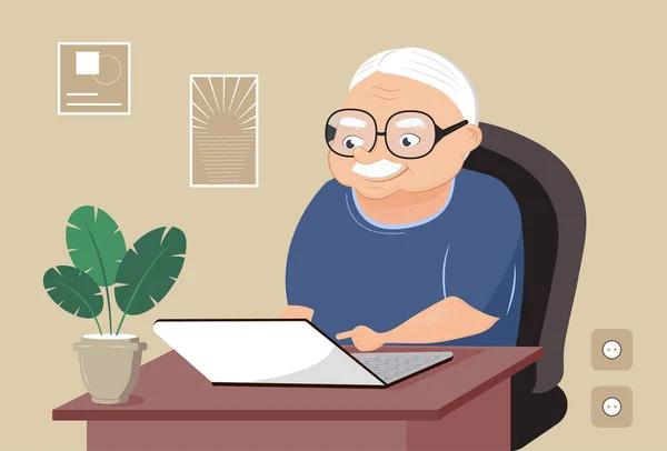 Kakek Dengan Vektor Laptop Pria Senior Kartun Yang Lucu Berselancar - Stok Vektor