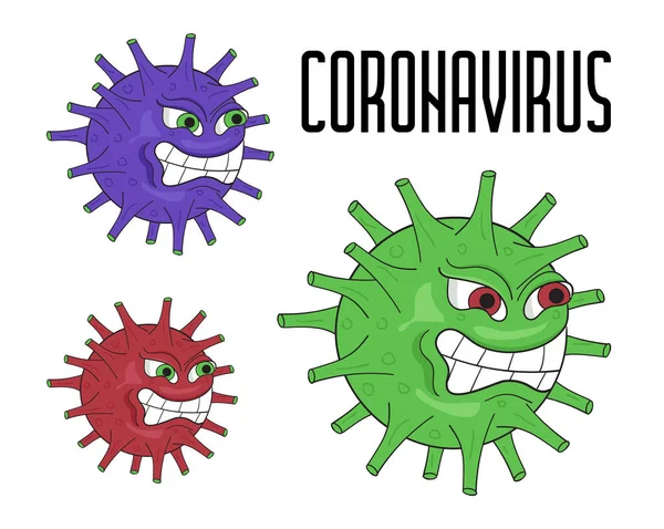 Coronavirus Mikropları Çizgi Film Tarzında Vektör Kızgın Covid Virüsleri Saldırıyor — Stok Vektör