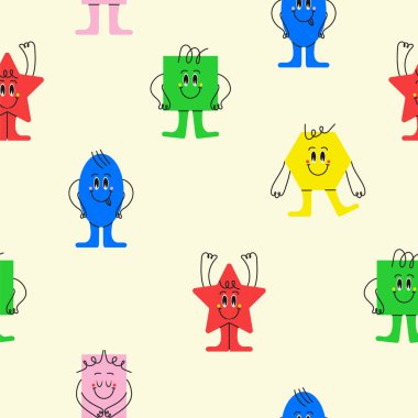 Geometrik şekiller, komik yüzlü desenler, duyguları olan sevimli kreasyonlar. Çocukların eğitimi için farklı şekiller belirlenmiş vektörler. Altıgen, yıldız, kare gösterilir