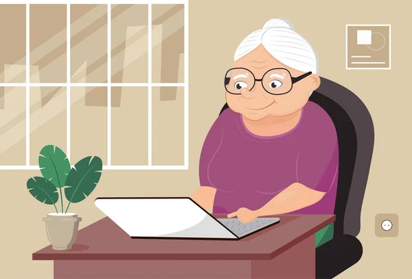 Grandma Laptop Vector Cute Cartoon Senior Woman Surfing Internet Home — Stock Vector