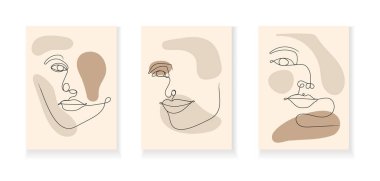 Boho kadınları soyut duvar sanat vektörü setine bakıyor. Gerçeküstü bir portre, sıra halinde bir kız yüzü. Geometrik taslak tekniğinde geriye dönük soyut resim, poster için minimalist sanat tarzı, bohem duvar sanatı.