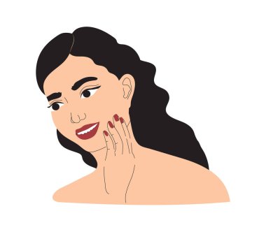 Yüz kremi süren genç ve güzel bir kadın. Cilt bakımı prosedürü, günlük rutin çizimler. Kozmetik çarpım vektörünün uygulaması. Tropik yapraklar, arka planda yeşil bitki. Cilt bakımı reklamı.
