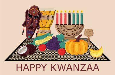 Happy kwanzaa invitation vector for web, card, social media. Happy kwanza celebrated from 26 December to 1 January. Seven candles lighted. Fruits, pumpkin, mask are on the table. clipart