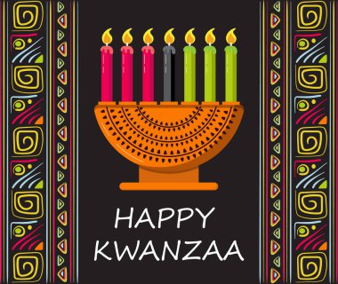 İnternet, kart ve sosyal medya için mutlu Kwanzaa davetiye vektörleri. Mutlu Kwanza 26 Aralık - 1 Ocak tarihleri arasında kutlandı. Yedi mum yandı..