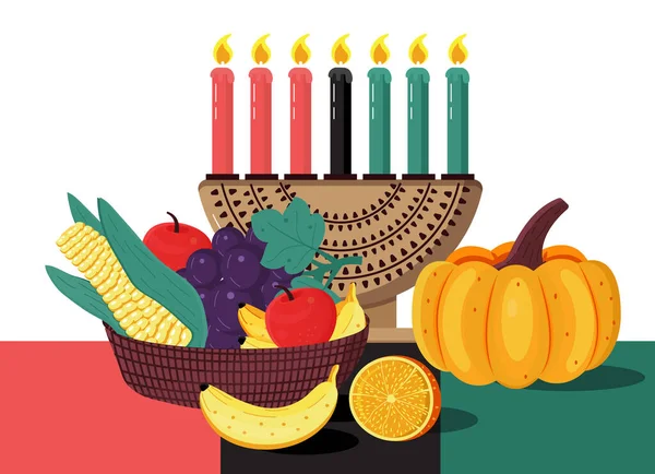 社交媒体的快乐宽扎邀请向量 12月26日至1月1日 Kwanza快乐庆祝 七支蜡烛点着了水果 面具都在桌子上 — 图库矢量图片