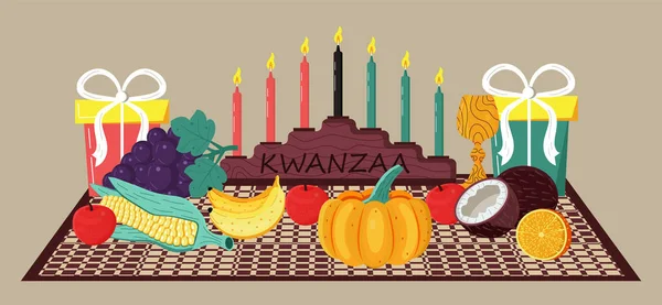 ウェブ カード ソーシャルメディアのための幸せなKwanzaa招待ベクトル ハッピーカンザは12月26日から1月1日まで行われた 7本のろうそくが灯された カボチャ マスクがテーブルにあります — ストックベクタ