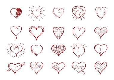 Kalp ikonu vektörü karalama tarzında ayarlandı. El çizimi basit kırmızı sevgililer günü koleksiyonu. Ağ için aşk işaretleri, sosyal ağ. Sevgililer Günü logo sembolleri kutlu olsun..