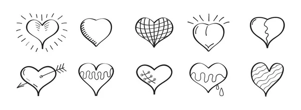Heart Icon Vector Set Doodle Style Outline Hand Drawn Simple — Stockvektor