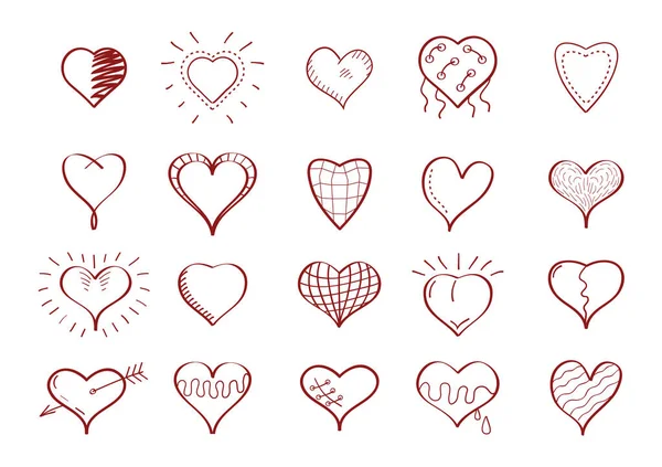 Heart Icon Vector Set Doodle Style Outline Hand Drawn Simple — Stockvektor