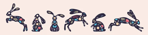 Пасхальные Народные Кролики Векторный Набор Органические Ручные Рисунки Цветов Листьев — стоковый вектор