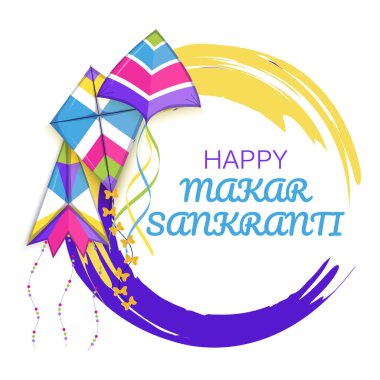 Mutlu Makar Sankranti vektörü. İnternet için Hintçe tebrik kartı, sosyal ağ. Gökyüzünde renkli uçurtmalarla Makar Sankranti kavramı