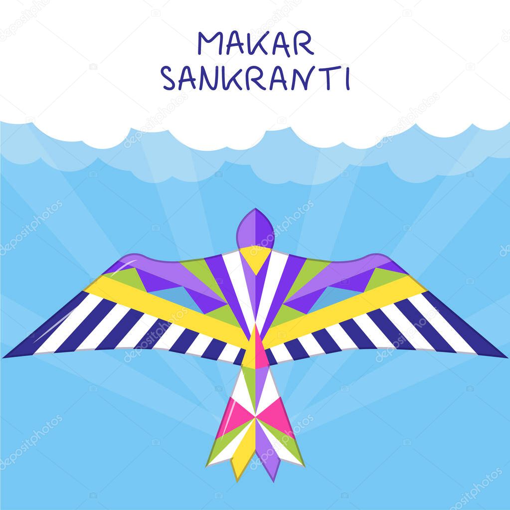 Happy Makar Sankranti vector. Hindi greeting card for web, social net. Makar Sankranti concept with colorful kites in sky