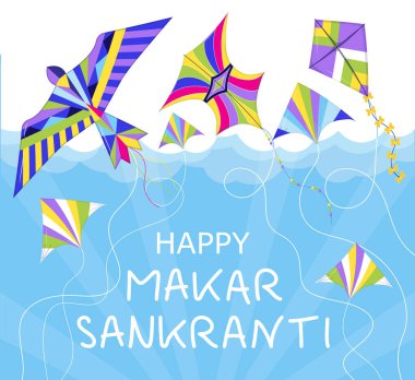 Mutlu Makar Sankranti vektörü. İnternet için Hintçe tebrik kartı, sosyal ağ. Gökyüzünde renkli uçurtmalarla Makar Sankranti kavramı
