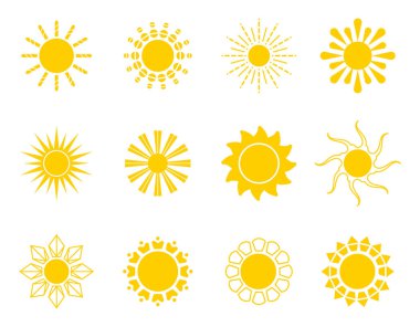 Bright sun icons set vector. Sunset logo in various design on white isolated background. Yellow sun icon silhouette. Climate, weather, rays elements.