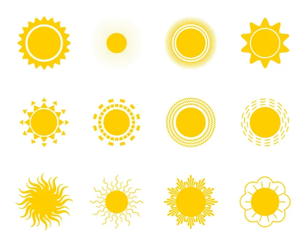 Яскраві Сонячні Іконки Встановлюють Вектор Логотип Заходу Сонця Різних Дизайнах — стоковий вектор