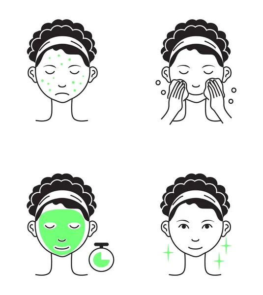 Folha Máscara Facial Aplicando Passos Vetor Menina Mostra Passos Descrições — Vetor de Stock