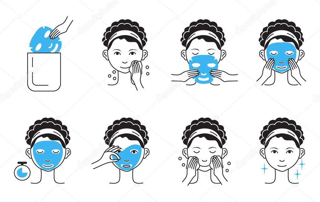 Facial mask sheet applying steps vector. Girl shows steps descriptions how to cleaning, whiting face and use cosmetic mask. Info-graphic of cosmetic procedure in outline style illustration