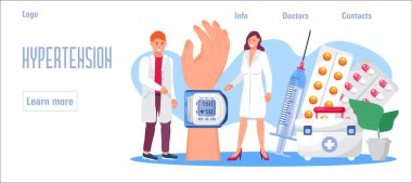 İnternet için hipertansiyon tıbbi konsept vektörü, ana sayfa. Hipertansif kriz ve sphygmomanometre. Hipotansiyon ve doktorlarda yüksek tansiyon tedavisi. Yüksek ya da düşük kan basıncı ölçümü.