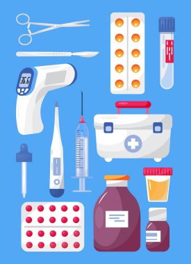 İlaçlar, haplar, vektörler. İlaç ikonu koleksiyonu. Tıbbi tüp, şişe spreyi, ilk yardım çantası gösteriliyor. İnternetteki eczane.