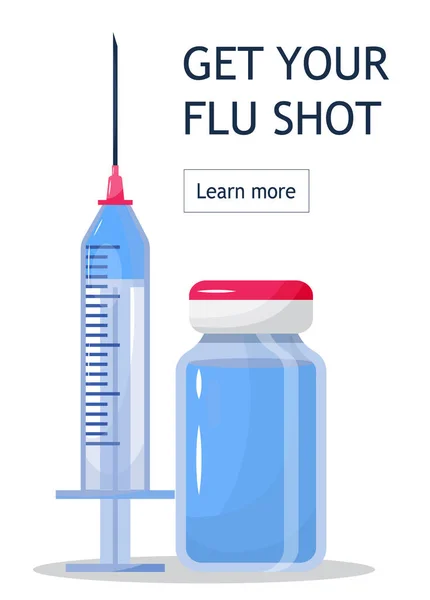 Influenza Oltás Koncepció Kék Háttérben Ideje Beoltani Influenzaoltás Vakcina Üveggel — Stock Vector