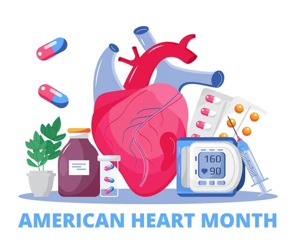 Amerikai Szív Hónap Koncepció Vektor Szívbetegség Koncepció Kardiológussal Ekg Val — Stock Vector