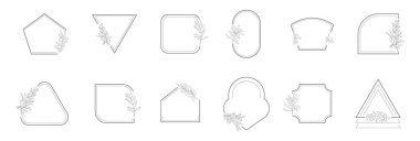 Zeytin dalı vektörlü çizgi geometrik çerçeve minimalist biçimde ayarlandı. Bohem, soyut, doğrusal çerçeveler. Sosyal ağ, hikaye ve düğün kartları için resim sınırlarını en aza indir..