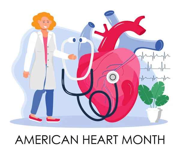 Amerikai Szív Hónap Koncepció Vektor Szívbetegség Koncepció Kardiológussal Ekg Val — Stock Vector