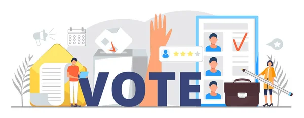 网上投票 电子选举概念载体 微小的选民正在投票箱下等待名单通讯 参议员候选人的政治竞争 — 图库矢量图片